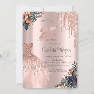 Invitation Robe à gouttes de rose gold Fleurs lunaires 25e an