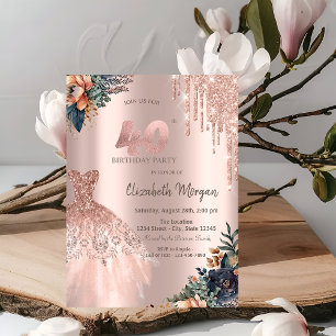 Invitation Robe à gouttes de rose gold Fleurs lunatiques 40e