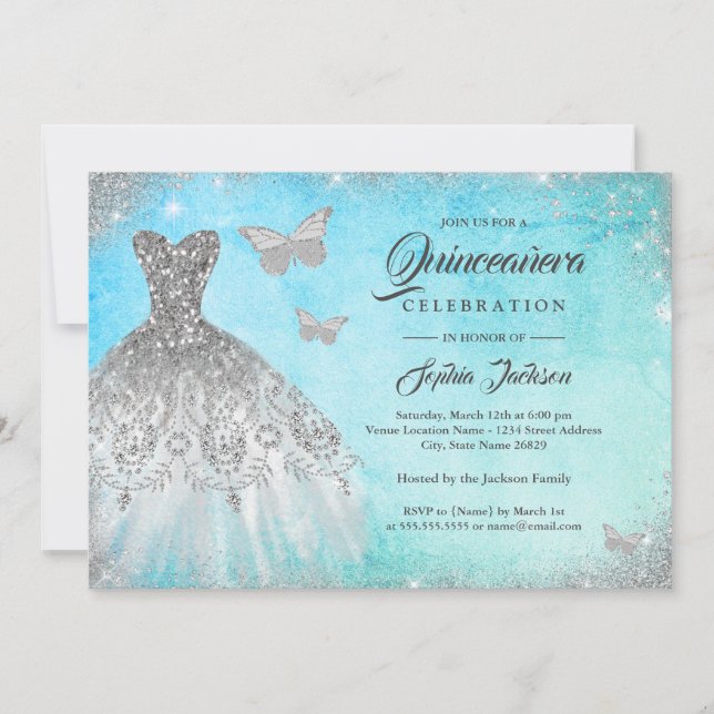 Invitation Robe à la menthe bleue papillon Quinceanera Invi (Devant)