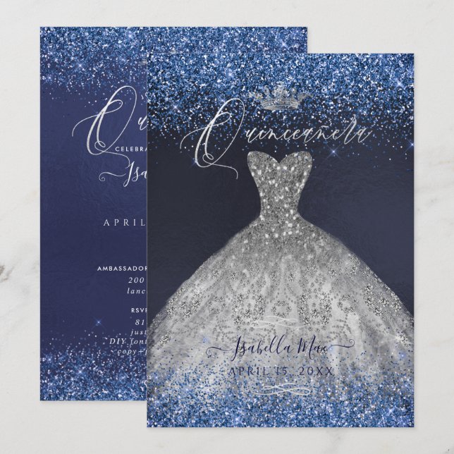 Invitation Robe à paillettes argentée pour Quinceanera (Devant / Derrière)