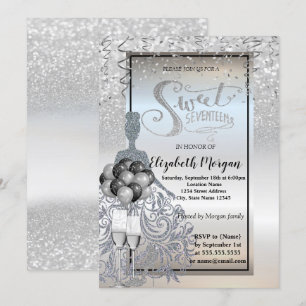 Invitation Robe à paillettes argentées, Verre, Ballons Douce 