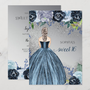 Invitation Robe à paillettes bleu argenté Sweet 16 anniversai