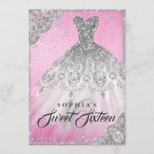 Invitation Robe à paillettes diamant argent rose Sweet 16
