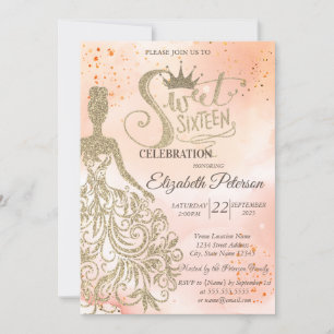 Invitation Robe à paillettes dorées, Diadème, Aquarelle Orang