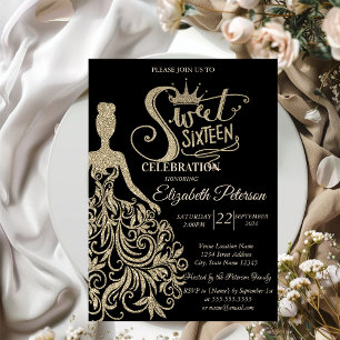Invitation Robe à paillettes dorées, Diadème, Diamants Noir S
