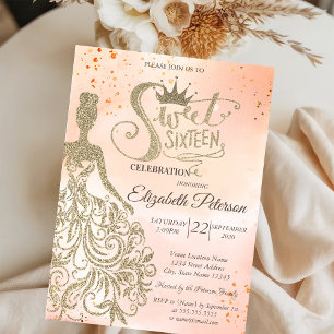 Invitation Robe à paillettes dorées, Diadème, Orange Sweet 16