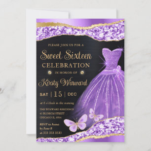 Invitation Robe à paillettes dorées et lilas aquarelle Sweet