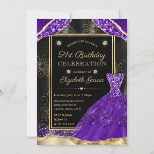 Invitation Robe à paillettes dorées et violettes 21e annivers
