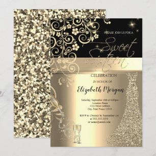 Invitation Robe à Paillettes Dorées Fleurs en Verre Anniversa