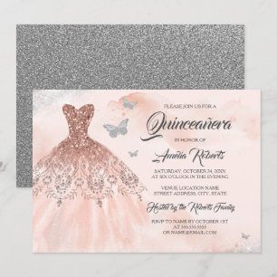 Invitation Robe à paillettes dorées roses aquarelle Quinceane