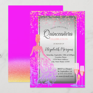 Invitation Robe à paillettes dorées, talons hauts, Quinceañer