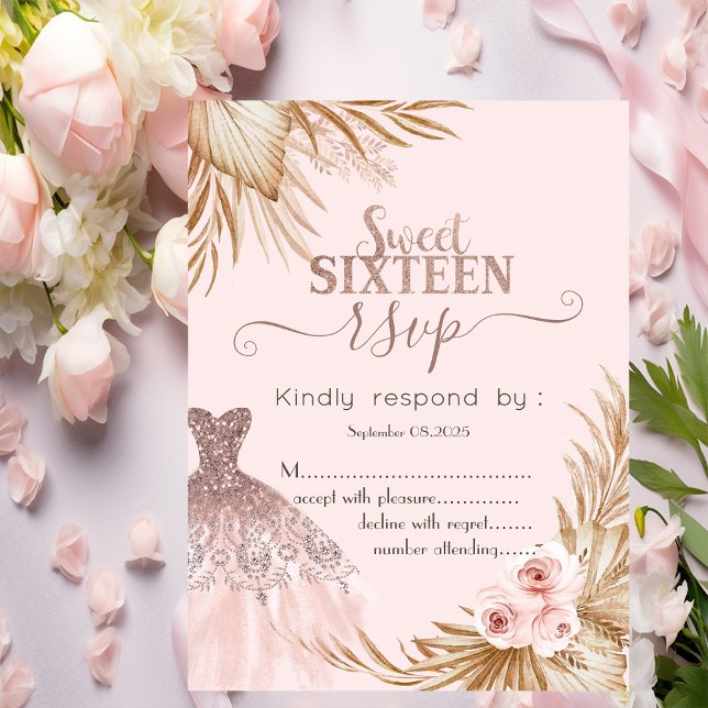 Invitation Robe à paillettes jolie, Pampas, RSVP sucré 16 ros (Créateur téléchargé)