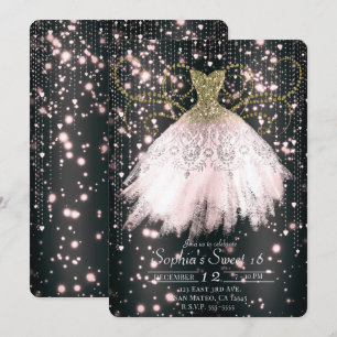 Invitation Robe à paillettes noir rose or Party Sweet 16