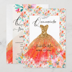 Invitation Robe à paillettes orange pour Quinceanera Fleurs a