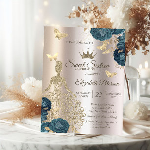 Invitation Robe à paillettes, papillon Roses vertes Sweet 16