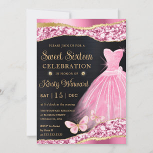 Invitation Robe à paillettes rose et or aquarelle Sweet Sixte