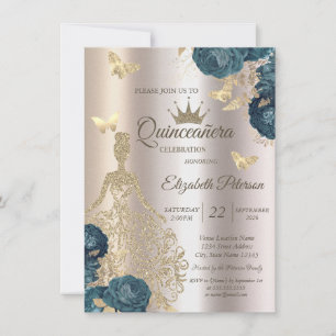 Invitation Robe à paillettes, Roses Vertes Papillon Champagne