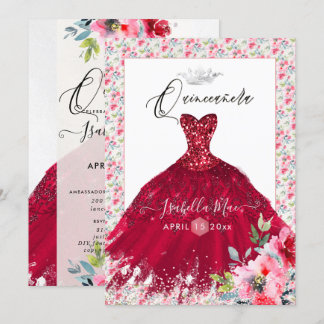 Invitation Robe à paillettes rouge Quinceanera Fleurs aquarel