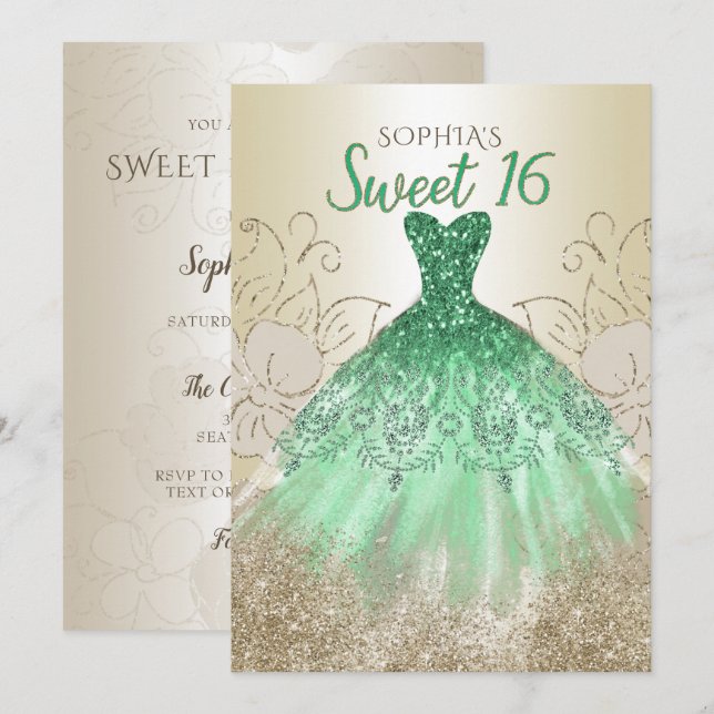 Invitation Robe à paillettes verte et or pour les 16 ans  (Devant / Derrière)