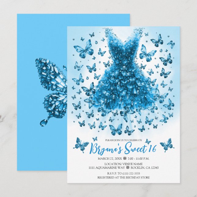 Invitation Robe à papillon bleu Aquamarine Mars Pierre d'nais (Devant / Derrière)