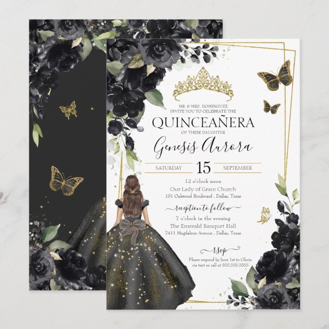 Invitation Robe à papillon bleu floral de Quinceañera (Devant / Derrière)