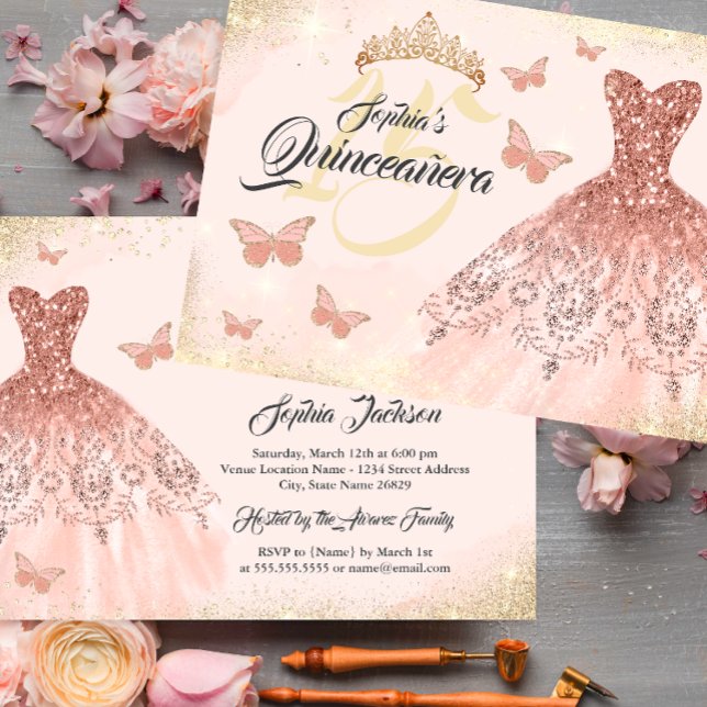 Invitation Robe à papillon de Quinceanera Gold Rose (Créateur téléchargé)