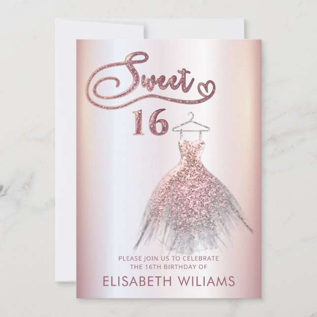 Invitation Robe adorable charmant rose or glittery (Devant)