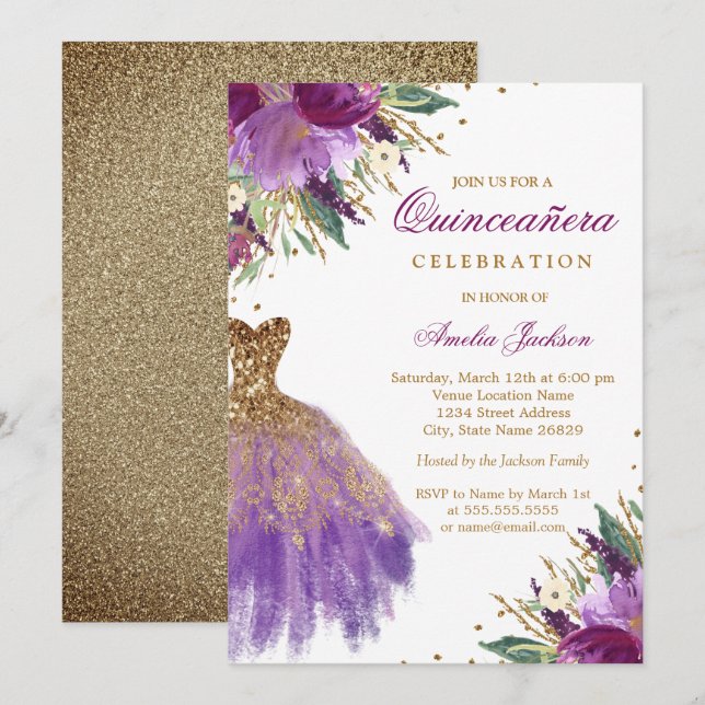 Invitation Robe Améthyste Parties scintillant d'or violet Qui (Devant / Derrière)