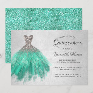 Invitation Robe Aqua en argent Quinceanera à la soirée Turquo