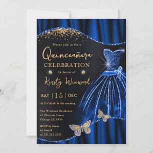 Invitation Robe aquarelle bleu et paillettes dorées Quinceane
