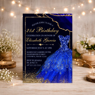Invitation Robe aquarelle bleue & agate 21ème anniversaire