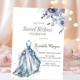 Invitation Robe aquarelle bleue Roses bleues Sweet 16