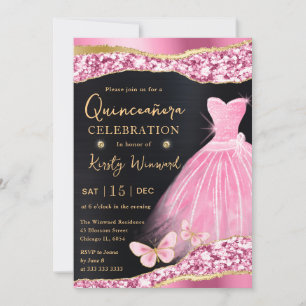 Invitation Robe aquarelle rose et paillettes dorées Quinceane