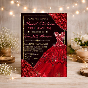 Invitation Robe aquarelle rouge & Edges Glam Sweet Sixteen