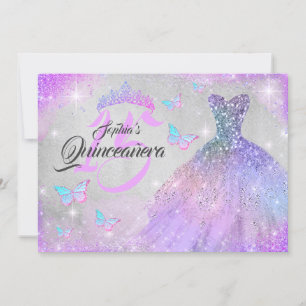 Invitation Robe arc-en-ciel rose violet pailletée Quinceanera