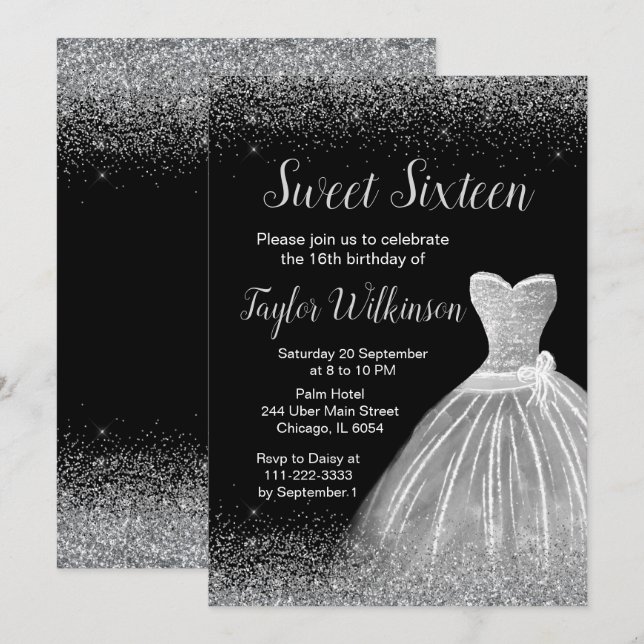 Invitation Robe Argent Faux Parties scintillant Douce 16 Anni (Devant / Derrière)