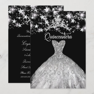 Invitation Robe argent noir paillettes diadème étoiles Quince