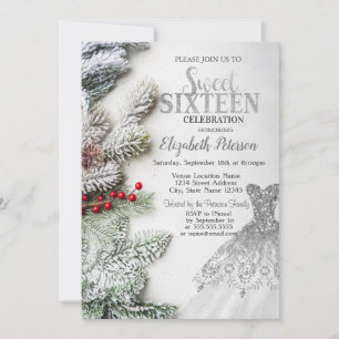 Invitation Robe Argent, Pine Arbre Branches Douce 16 Partie