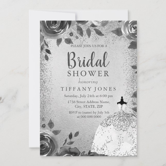 Invitation Robe Argent Sparkle Fête des mariées Floral Invita (Devant)