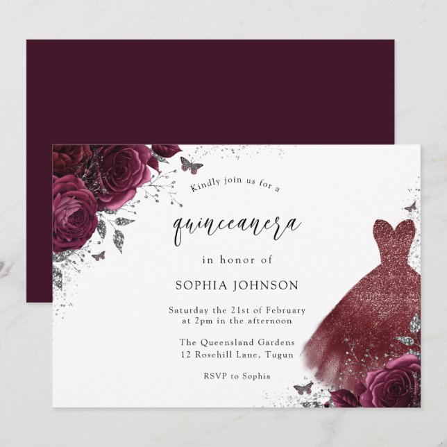 Invitation Robe argentée bordeaux Rose Quinceanera (Devant / Derrière)