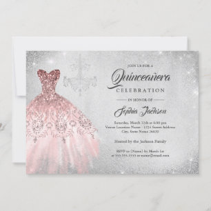 Invitation Robe argentée or rose diamantée en dentelle Quince