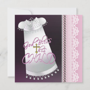 Invitation Robe blanche croix bébé fille rose noir baptême