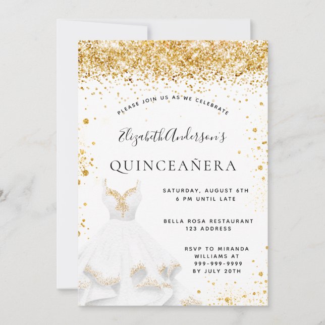 Invitation Robe blanche en or parties scintillant Quinceanera (Devant)