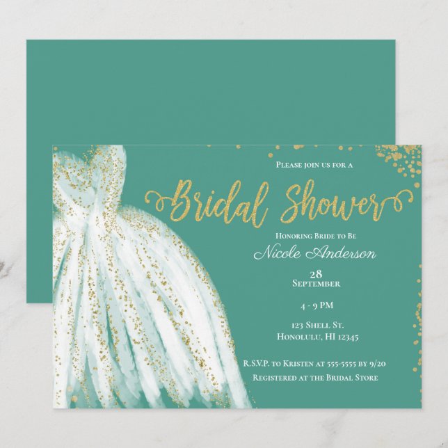 Invitation Robe blanche et Parties scintillant or Fête des ma (Devant / Derrière)