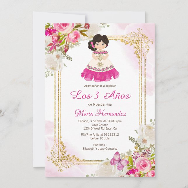 Invitation Robe blanche et rose Fille mexicaine Troisième ann (Devant)