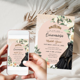 Invitation Robe blanche Floral or noir Quinceanera Anniversai