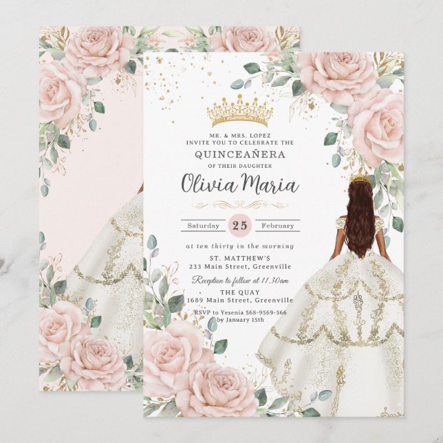Invitation Robe blanche floue princesse Gown Quinceañera (Devant / Derrière)