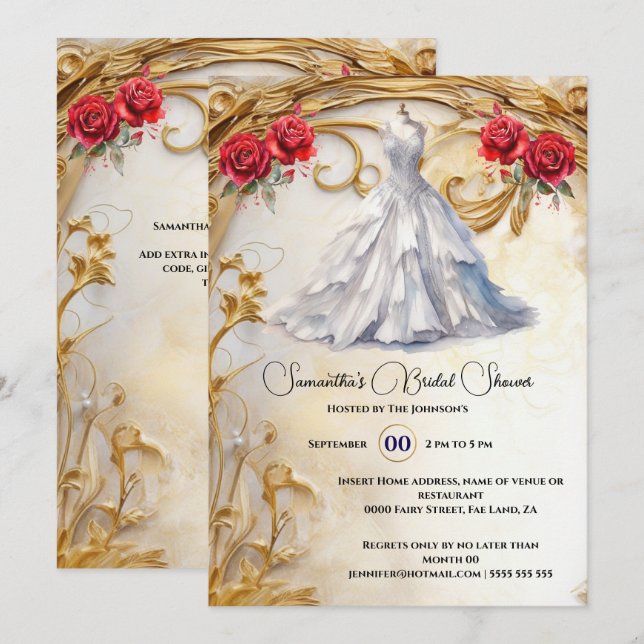 Invitation Robe blanche rouge rose fleurs luxueuses (Devant / Derrière)