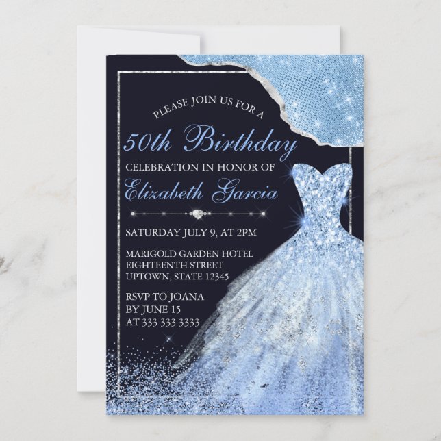 Invitation Robe bleu clair et bordure en verre Anniversaire (Devant)