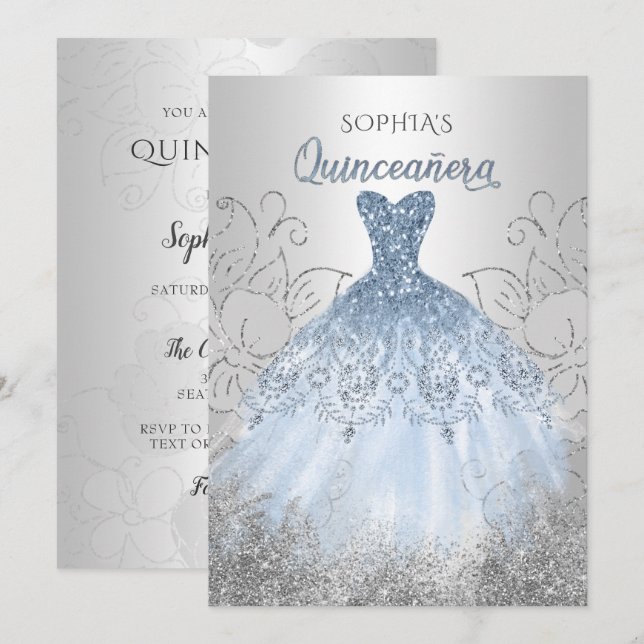 Invitation Robe bleu étincelante en argent Quinceañera (Devant / Derrière)
